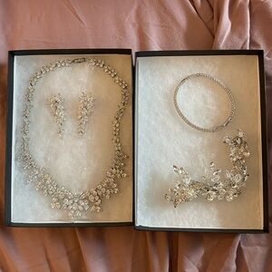 Bridal wedding silver diamond earrings necklace bracelet hair clip 4 piece set